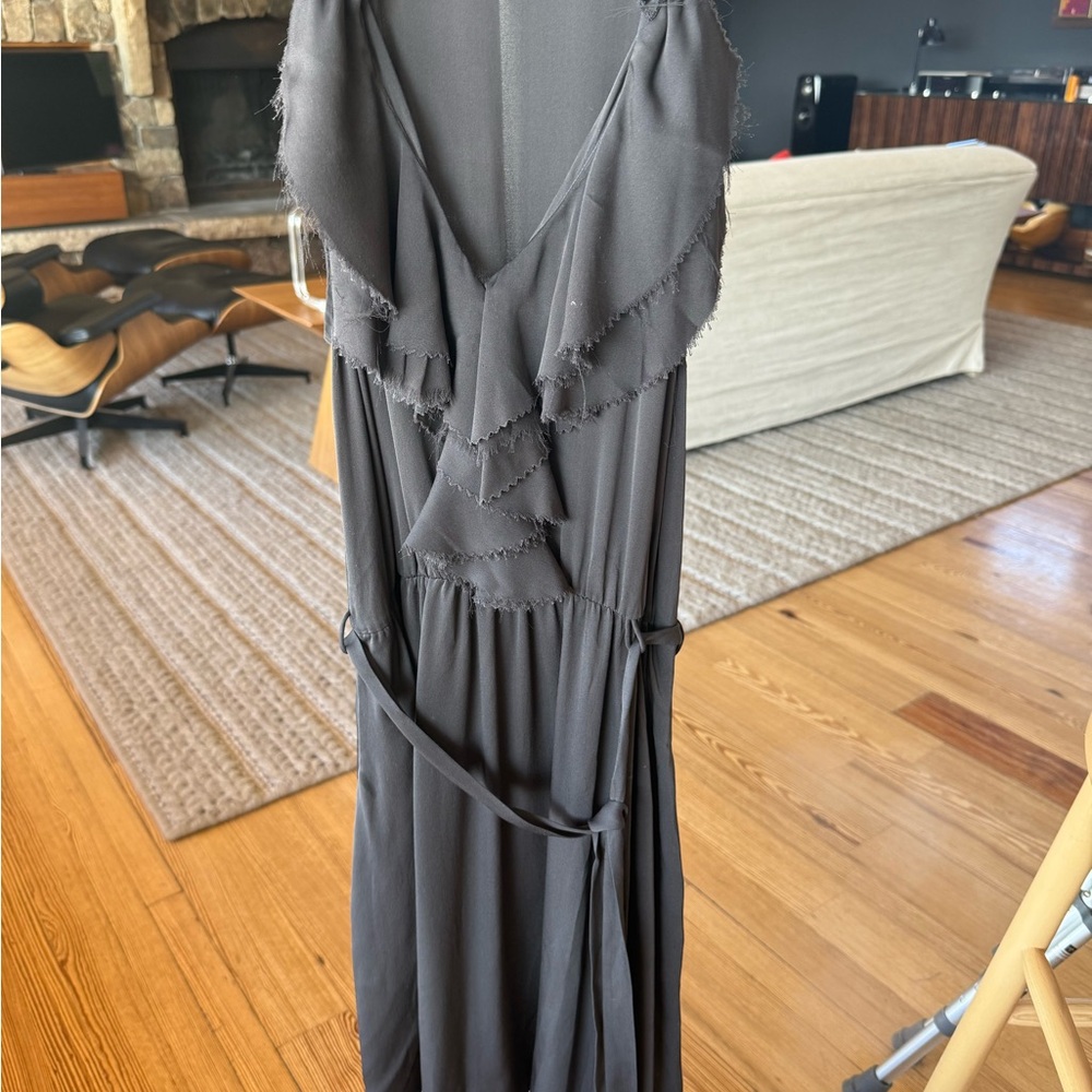 Women’s Ruffled V-Neck Maxi Dress in Charcoal Gray